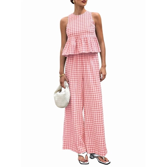 Women'S 2 Piece Gingham Set Summer Outfits Ruffle Tank Top and Wide Leg Pants Matching Lounge Set Pink S