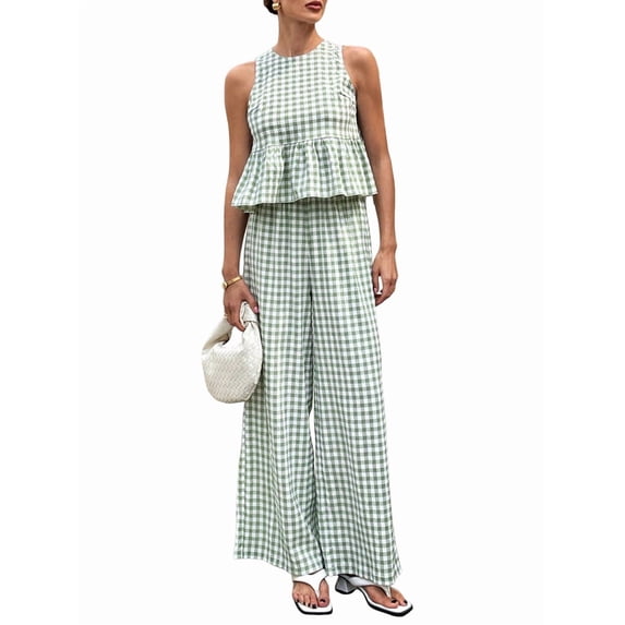 Women'S 2 Piece Gingham Set Summer Outfits Ruffle Tank Top and Wide Leg Pants Matching Lounge Set