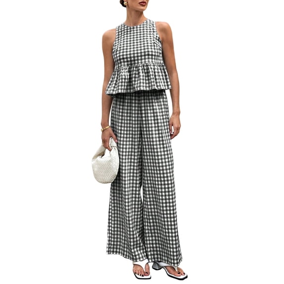 Women'S 2 Piece Gingham Set Summer Outfits Ruffle Tank Top and Wide Leg Pants Matching Lounge Set