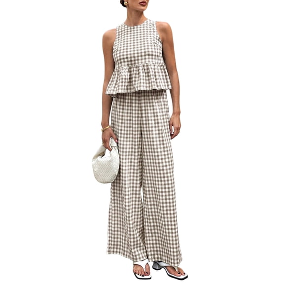 Women'S 2 Piece Gingham Set Summer Outfits Ruffle Tank Top and Wide Leg Pants Matching Lounge Set