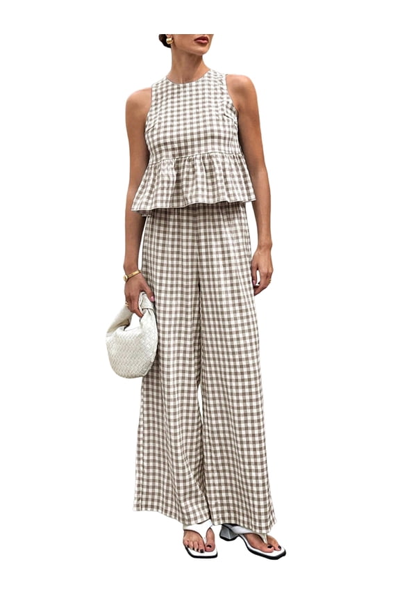 Women'S 2 Piece Gingham Set Summer Outfits Ruffle Tank Top and Wide Leg Pants Matching Lounge Set