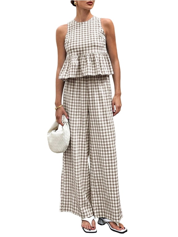 Women'S 2 Piece Gingham Set Summer Outfits Ruffle Tank Top and Wide Leg Pants Matching Lounge Set