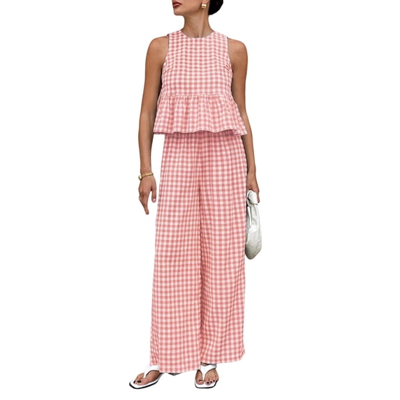 Women'S 2 Piece Gingham Set Summer Outfits Ruffle Tank Top and Wide Leg Pants Matching Lounge Set