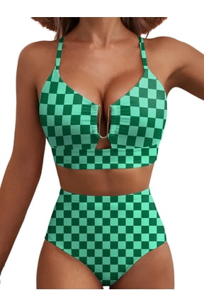 Women'S 2 Piece High Waisted U Wire Bikini Set Floral Print Crisscross Back Bathing Swimsuit Green Plaid XL
