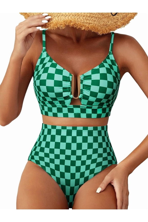 Women'S 2 Piece High Waisted U Wire Bikini Set Floral Print Crisscross Back Bathing Swimsuit Green Plaid XXL