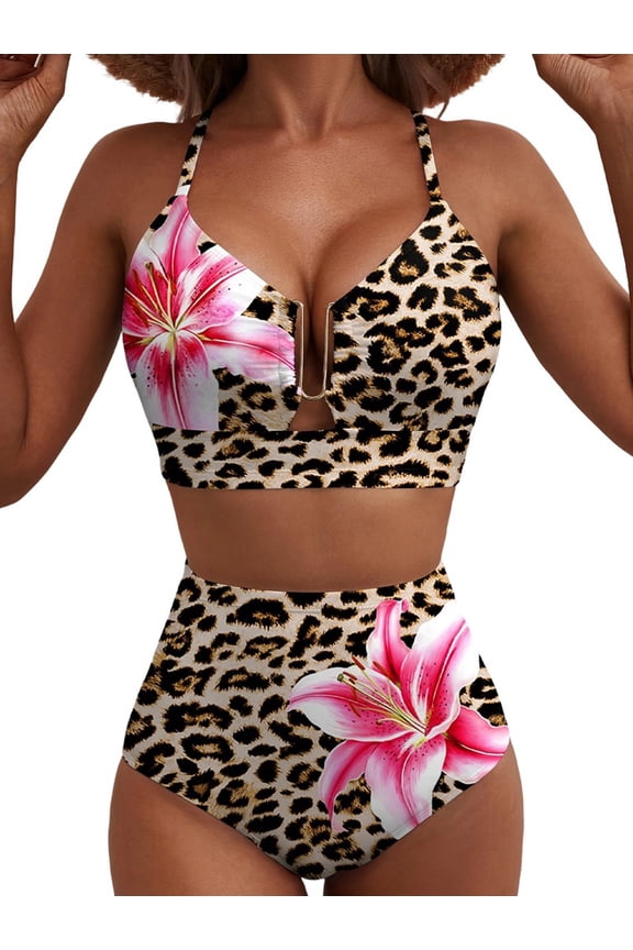 Women'S 2 Piece High Waisted U Wire Bikini Set Floral Print Crisscross Back Bathing Swimsuit Leopard Print L
