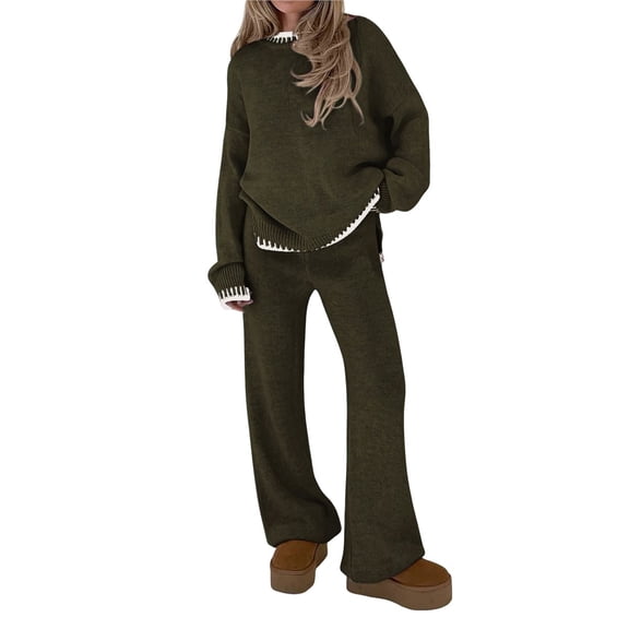 Women'S 2 Piece Knit Outfit Casual Long Sleeve Pullover Wide Leg Pants Tracksuit Loungewear Set Green XL