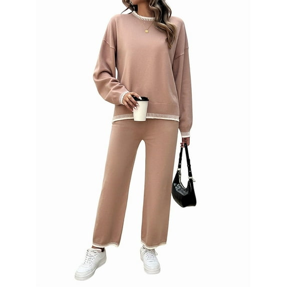 Women'S 2 Piece Knit Sweater Outfit Casual Long Sleeve Pullover Wide Leg Pants Tracksuit Loungewear Set Pink S