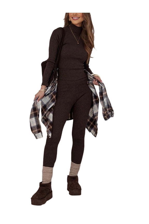 Women'S 2 Piece Knitted Base Layer Sets High Neck Pullover Long Sleeve Top & Leggings Black Coffee XXL