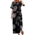 thumbnail image 1 of Women'S 2 Piece Linen Short Sleeve Set Crewneck Tops Wide Leg Pants Set Plus Size Summer Outfit Black Rings S, 1 of 4