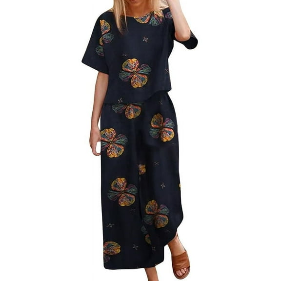 Women'S 2 Piece Linen Short Sleeve Set Crewneck Tops Wide Leg Pants Set Plus Size Summer Outfit Navy Flowers M