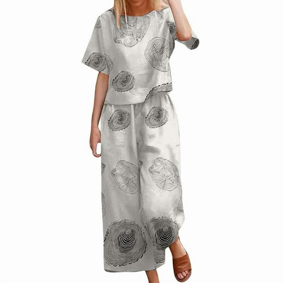 Women'S 2 Piece Linen Short Sleeve Set Crewneck Tops Wide Leg Pants Set Plus Size Summer Outfit White Rings S