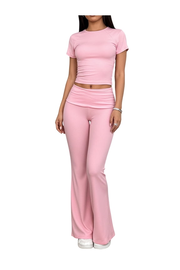 Women'S 2 Piece Lounge Outfits Slim Short Sleeve Tops Mid Rise Flare Leggings Sets Yoga Sweatsuit Pink XL