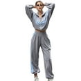 thumbnail image 1 of Women'S 2 Piece Lounge Outfits Zip Up Sweat Set Contrast Striped Wide Leg Jogging Pants Travel Track Suit Gray XL, 1 of 7