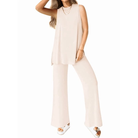 Women'S 2 Piece Lounge Set 2025 Summer Casual Loose Tank Top Wide Leg Pants Matching Outfits Tracksuit Cream White M