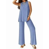 Women'S 2 Piece Lounge Set 2025 Summer Casual Loose Tank Top Wide Leg Pants Matching Outfits Tracksuit Light Blue XXL