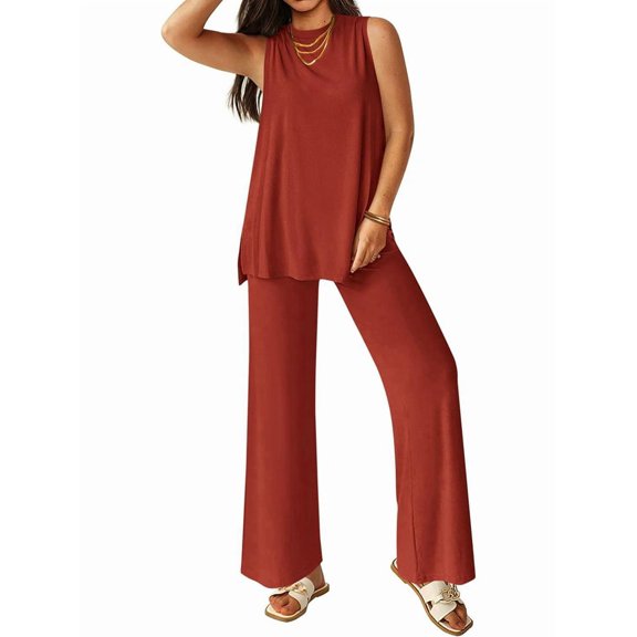 Women'S 2 Piece Lounge Set 2025 Summer Casual Loose Tank Top Wide Leg Pants Matching Outfits Tracksuit Wine Red L