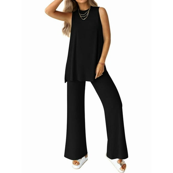 Women'S 2 Piece Lounge Set 2025 Summer Casual Loose Tank Top Wide Leg Pants Matching Travel Outfits Tracksuit Black XXL