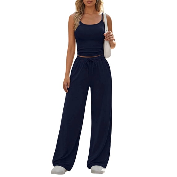 Women'S 2 Piece Lounge Set Spring Outfits - Camisole Top & Wide Leg Pants Navy Blue XXL