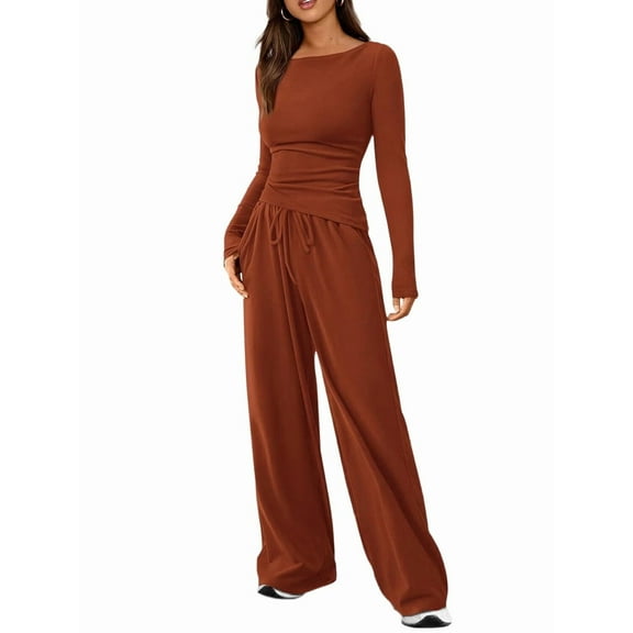 Women'S 2 Piece Lounge Sets Asymmetrical Long Sleeve T Shirt Wide Leg Pants Casual Outfits Tracksuit Brick Red XL