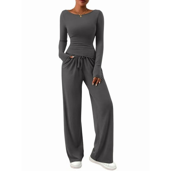 Women'S 2 Piece Lounge Sets Asymmetrical Long Sleeve T Shirt Wide Leg Pants Casual Outfits Tracksuit Dark Gray M