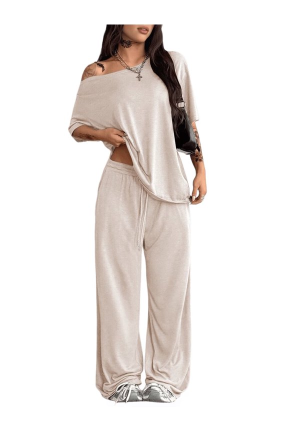 Women'S 2 Piece Lounge Sets Off Shoulder Oversized Short Sleeve Tops Casual Wide Leg Pant Set Color XL