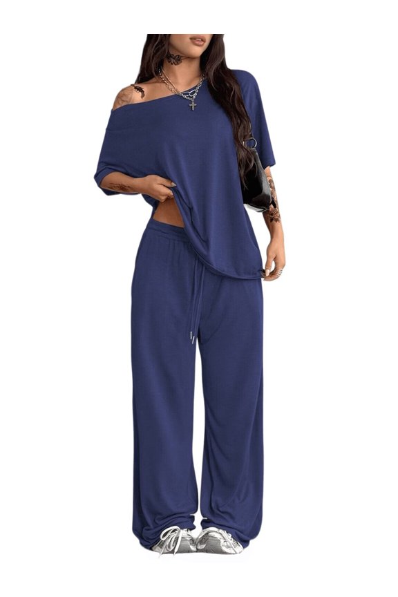 Women'S 2 Piece Lounge Sets Off Shoulder Oversized Short Sleeve Tops Casual Wide Leg Pant Set Dark Blue M