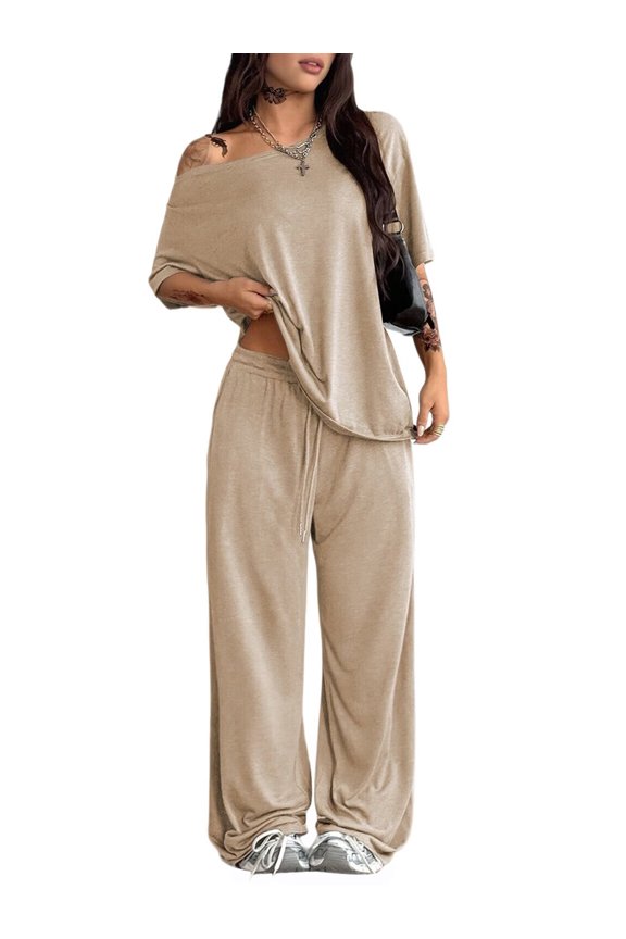 Women'S 2 Piece Lounge Sets Off Shoulder Oversized Short Sleeve Tops Casual Wide Leg Pant Set Khaki L