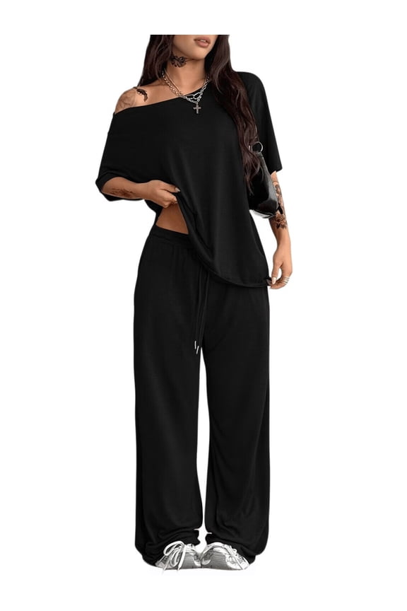 Women'S 2 Piece Lounge Sets Off Shoulder Oversized Short Sleeve Tops Casual Wide Leg Pant Set