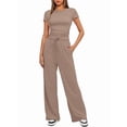 thumbnail image 1 of Women'S 2 Piece Lounge Sets Ruched Short Sleeve Tops High Waisted Wide Leg Pants Sets Camel Color L, 1 of 7