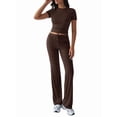 thumbnail image 1 of Women'S 2 Piece Lounge Sets Short Sleeve Tops Fold-over Flare Pants Casual Outfits Matching Set Brown L, 1 of 9
