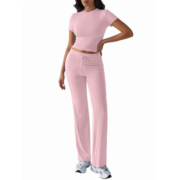 Women'S 2 Piece Lounge Sets Short Sleeve Tops Fold-over Flare Pants Casual Outfits Matching Set Light Pink L