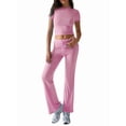 thumbnail image 1 of Women'S 2 Piece Lounge Sets Short Sleeve Tops Fold-over Flare Pants Casual Outfits Matching Set Pink S, 1 of 9