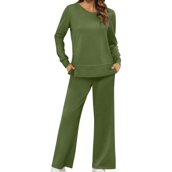 Women'S 2 Piece Lounge Sets Side Slit Outfits Wide Leg Tracksuit Comfy Loungewear Fashion Sweatsuit Army Green L