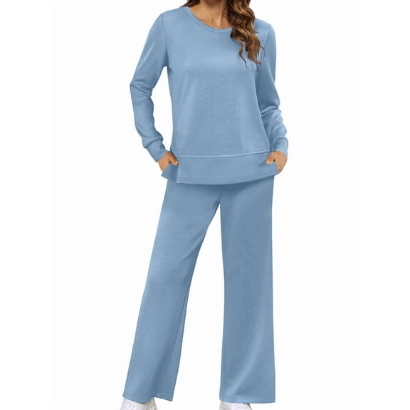 Women'S 2 Piece Lounge Sets Side Slit Outfits Wide Leg Tracksuit Comfy Loungewear Fashion Sweatsuit Blue XXXL