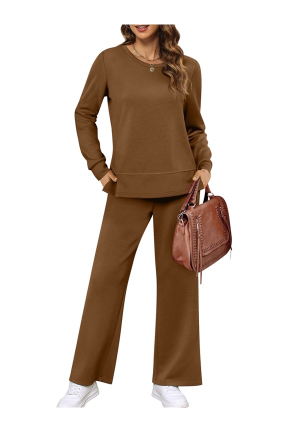 Women'S 2 Piece Lounge Sets Side Slit Outfits Wide Leg Tracksuit Comfy Loungewear Fashion Sweatsuit Brown L