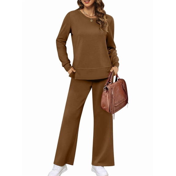 Women'S 2 Piece Lounge Sets Side Slit Outfits Wide Leg Tracksuit Comfy Loungewear Fashion Sweatsuit Brown XXXL