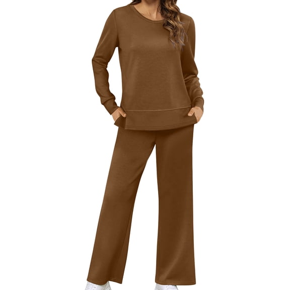 Women'S 2 Piece Lounge Sets Side Slit Outfits Wide Leg Tracksuit Comfy Loungewear Fashion Sweatsuit Brown XXXL