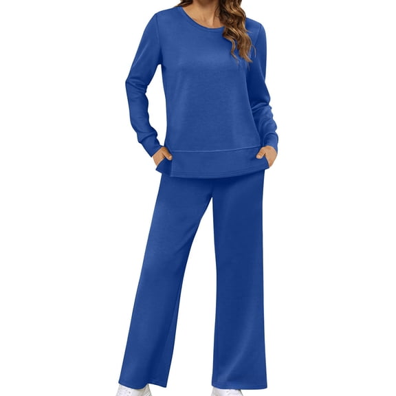 Women'S 2 Piece Lounge Sets Side Slit Outfits Wide Leg Tracksuit Comfy Loungewear Fashion Sweatsuit Dark Blue XXXL