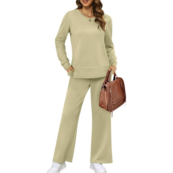 Women'S 2 Piece Lounge Sets Side Slit Outfits Wide Leg Tracksuit Comfy Loungewear Fashion Sweatsuit Khaki XXXL