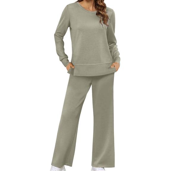 Women'S 2 Piece Lounge Sets Side Slit Outfits Wide Leg Tracksuit Comfy Loungewear Fashion Sweatsuit Light Gray L