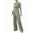 thumbnail image 1 of Women'S 2 Piece Matching Lounge Set Long Sleeve Boat Neck Top Wide Leg Pants Casual Sweatsuit Bean Green M, 1 of 9