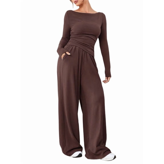 Women'S 2 Piece Matching Lounge Set Long Sleeve Boat Neck Top Wide Leg Pants Casual Sweatsuit Brown XL