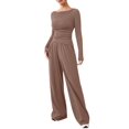 thumbnail image 1 of Women'S 2 Piece Matching Lounge Set Long Sleeve Boat Neck Top Wide Leg Pants Casual Sweatsuit Khaki S, 1 of 9