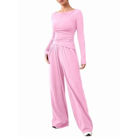 Women'S 2 Piece Matching Lounge Set Long Sleeve Boat Neck Top Wide Leg Pants Casual Sweatsuit Pink M