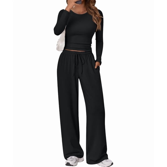 Women'S 2 Piece Matching Lounge Set Long Sleeve Slightly Crop Top Wide Leg Pants Casual Sweatsuit Black L