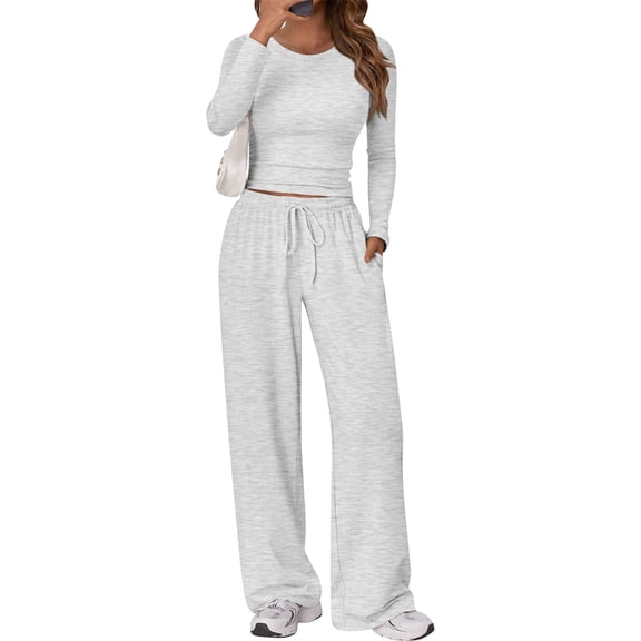 Women'S 2 Piece Matching Lounge Set Long Sleeve Slightly Crop Top Wide Leg Pants Casual Sweatsuit Gray L