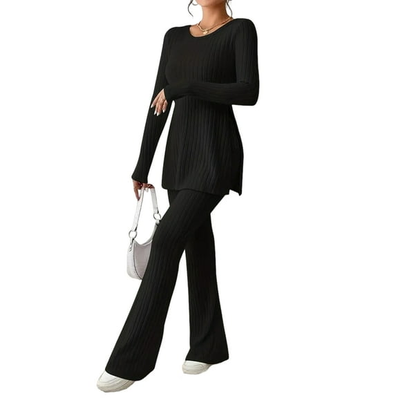 Women'S 2 Piece Matching Lounge Set Long Sleeve Top Wide Leg Pants Casual Sweatsuit Black L
