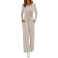 thumbnail image 1 of Women'S 2 Piece Matching Lounge Sets Fall Fashion Outfits Henley Neck Sweater Top Wide Leg Pants Sweat Suits Apricot M, 1 of 8