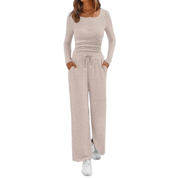 Women'S 2 Piece Matching Lounge Sets Fall Fashion Outfits Henley Neck Sweater Top Wide Leg Pants Sweat Suits Apricot M